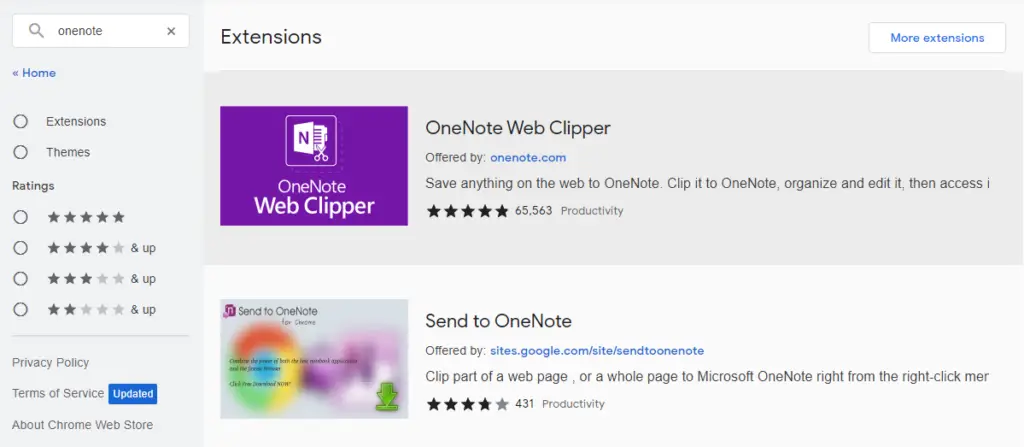 Picture: OneNote Web Clipper in Chrome web store